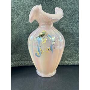 Fenton Vase Iridescent Pink Opaque Ruffled Rim Hand Painted M Wagner Signed